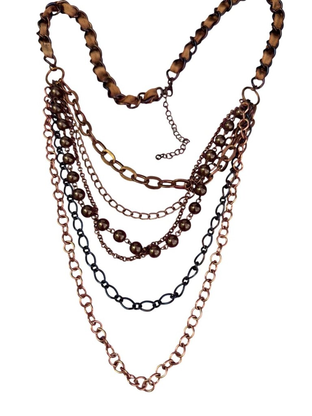 Multi Strand Necklace Bronze Black Tone Different Chains Faux Ribbons Ribbon Adj